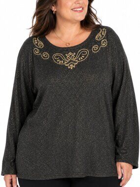 Tradition Plus 2X Black Gold Metallic Glitter Knit Top Embroidered Plus Size